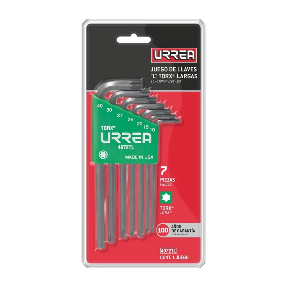 Juego de llaves largas hexagonales tipo "L", Torx, 7 piezas en blíster Urrea 4972TL