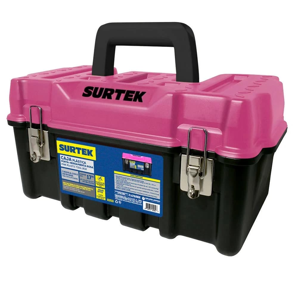 Caja portaherramientas plástica con broches metálicos color negro tapa rosa 17" x 9" x 8" Surtek CPS17K