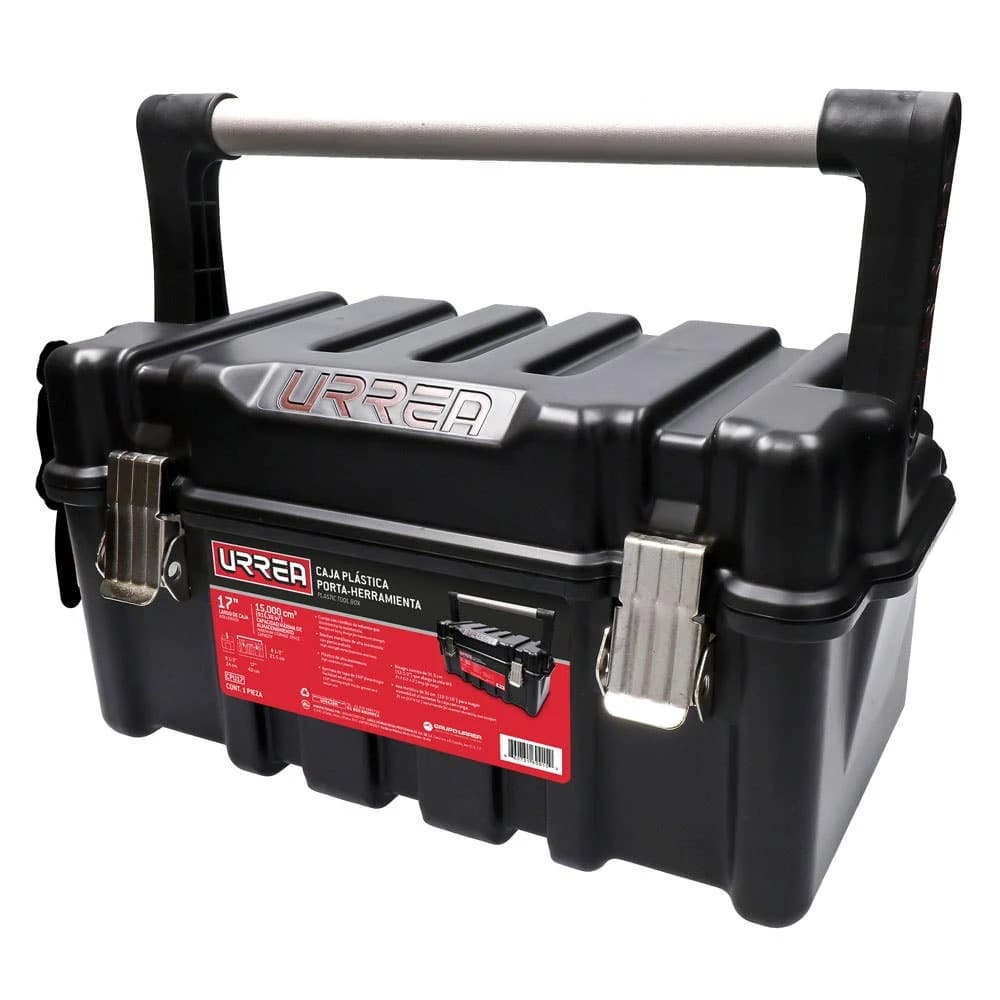 Caja portaherramientas plástica con broches metálicos color negro 17" x 9" x 8" Urrea CPU17A