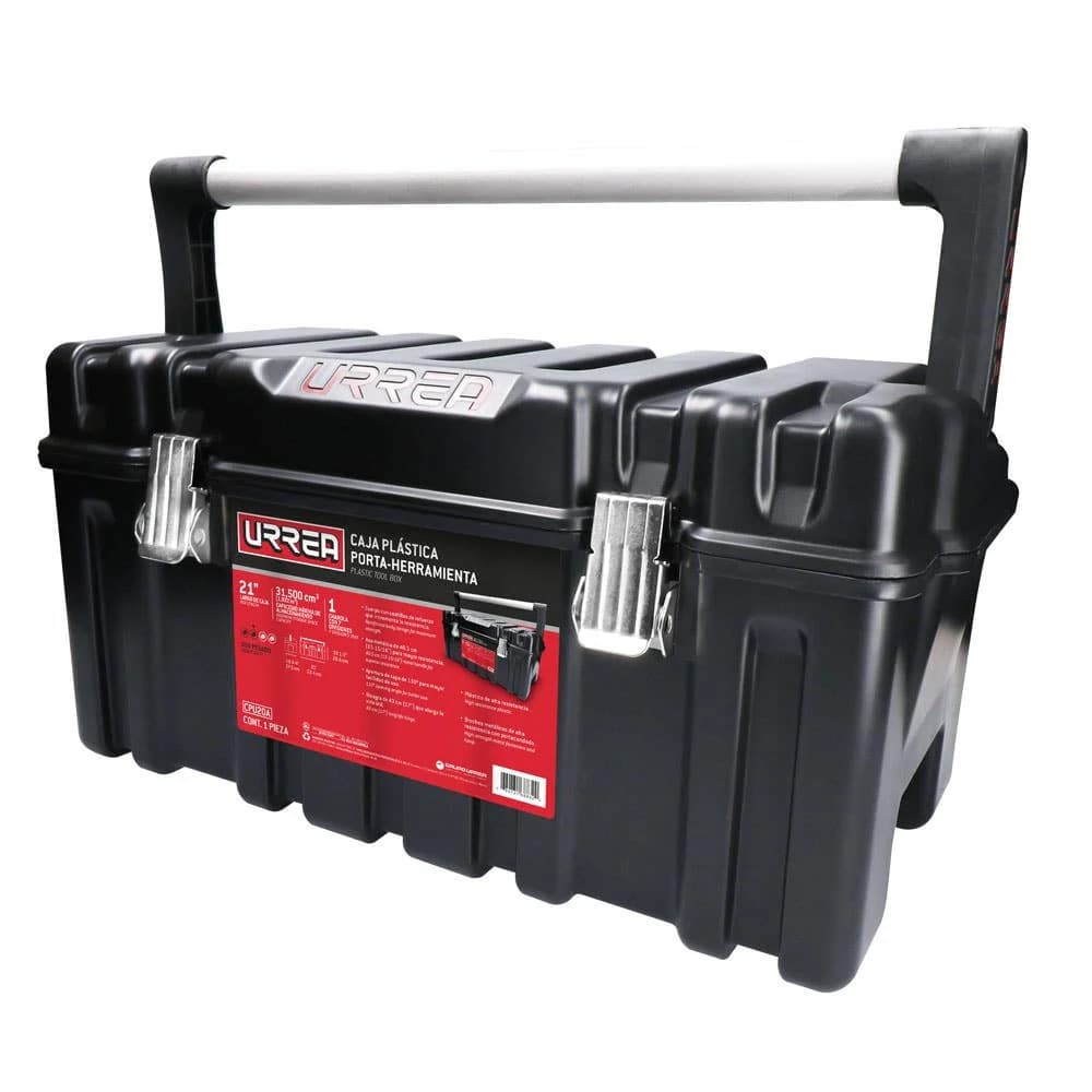 Caja portaherramientas plástica con broches metálicos color negro tapa roja 21" x 11" x 10 Urrea CPU20A