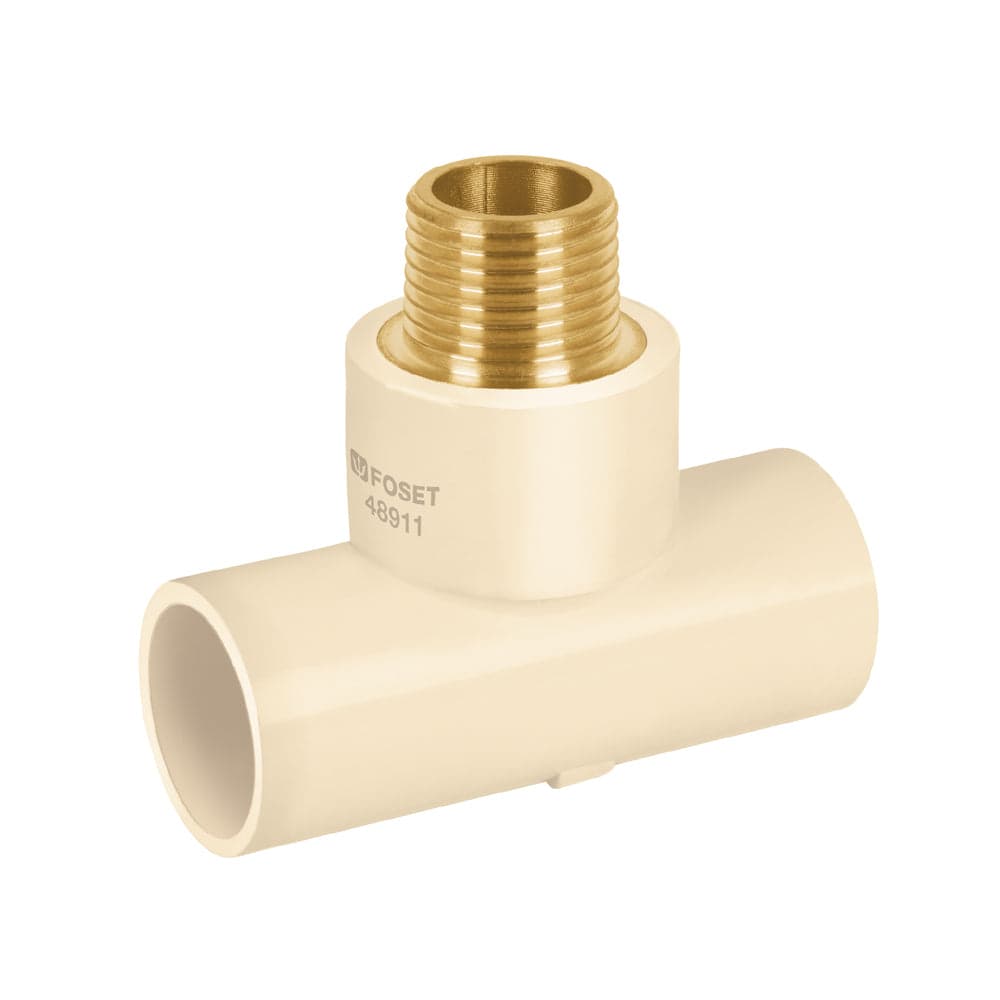 Tee de CPVC 1/2" rosca central macho inserto latón Foset CPVC-711, foto 1 de 1