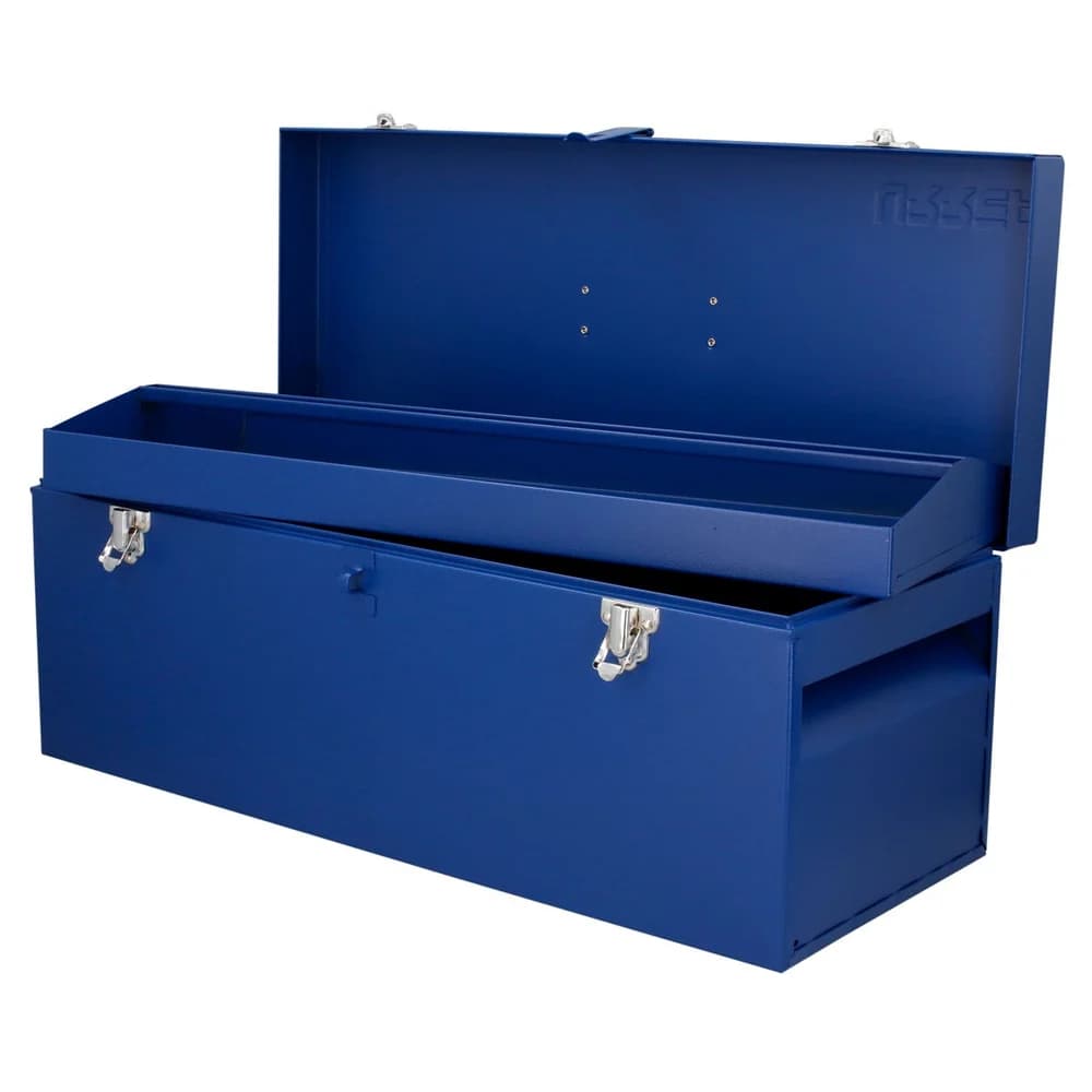 Caja portaherramientas metálica con asa plástica color azul 24" x 9" x 9" Urrea D7A