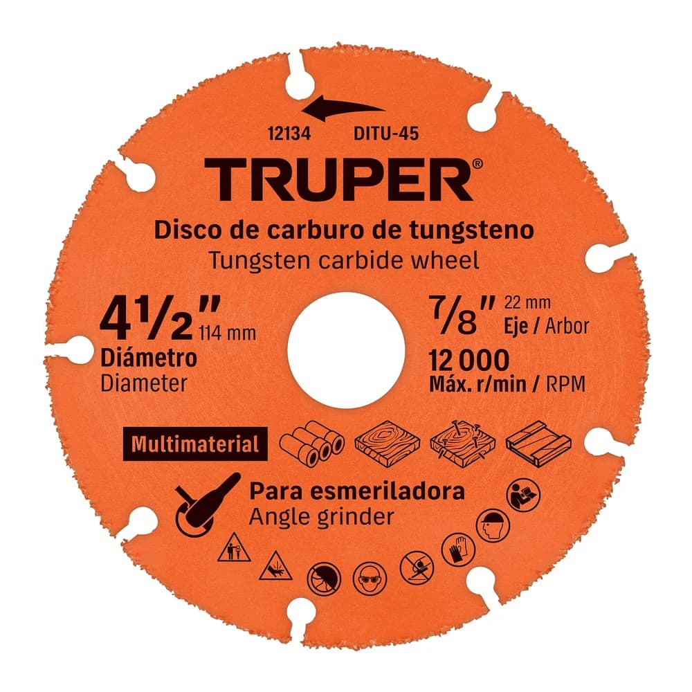 Disco 4-1/2" multimaterial de carburo de tungsteno Truper DITU-45, foto 1 de 1