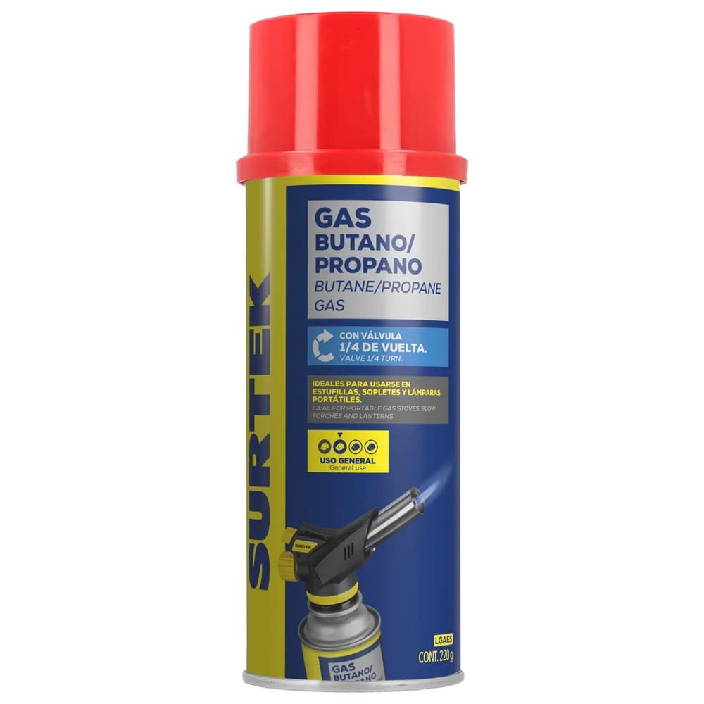 Lata de gas butano/propano con válvula 1/4 de vuelta 220 g Surtek LGAES, foto 1 de 2