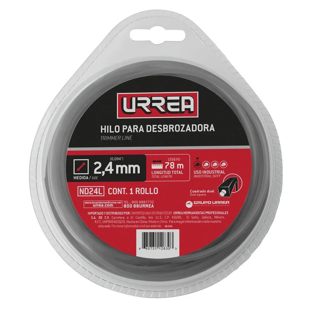Nailon cuadro dual para desbrozadora doble blister, 2.4 mm x 78 m Urrea ND24L