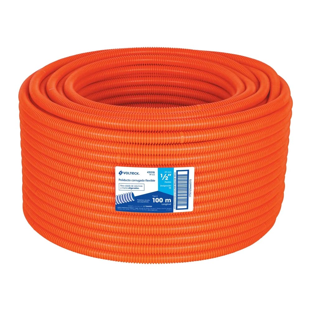 Metro de poliducto 1/2" corrugado flex. s/guía, rollo 100 m Volteck PF-1/2