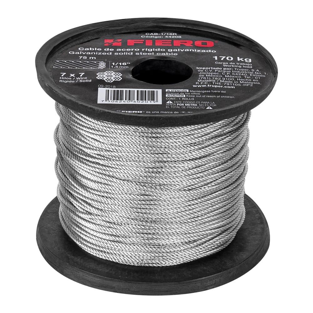 Metro de cable rígido 1/16" de acero 7x7 hilos, 75 m, FIERO, foto 1 de 4