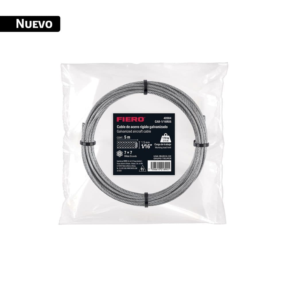 Cable rígido 1/16" x 5 m, acero galvanizado, FIERO