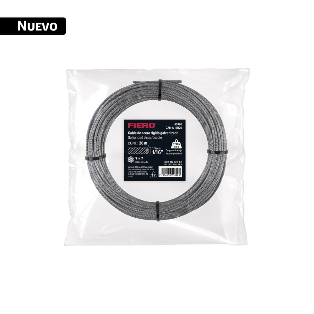 Cable rígido 1/16" x 20 m, acero galvanizado, FIERO