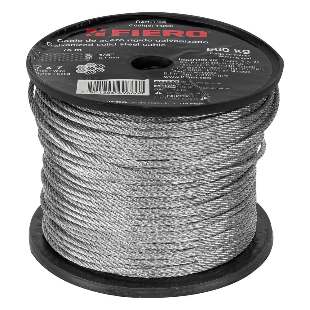 Metro de cable rígido 1/8" de acero 7x7 hilos, 75 m, FIERO, foto 1 de 4
