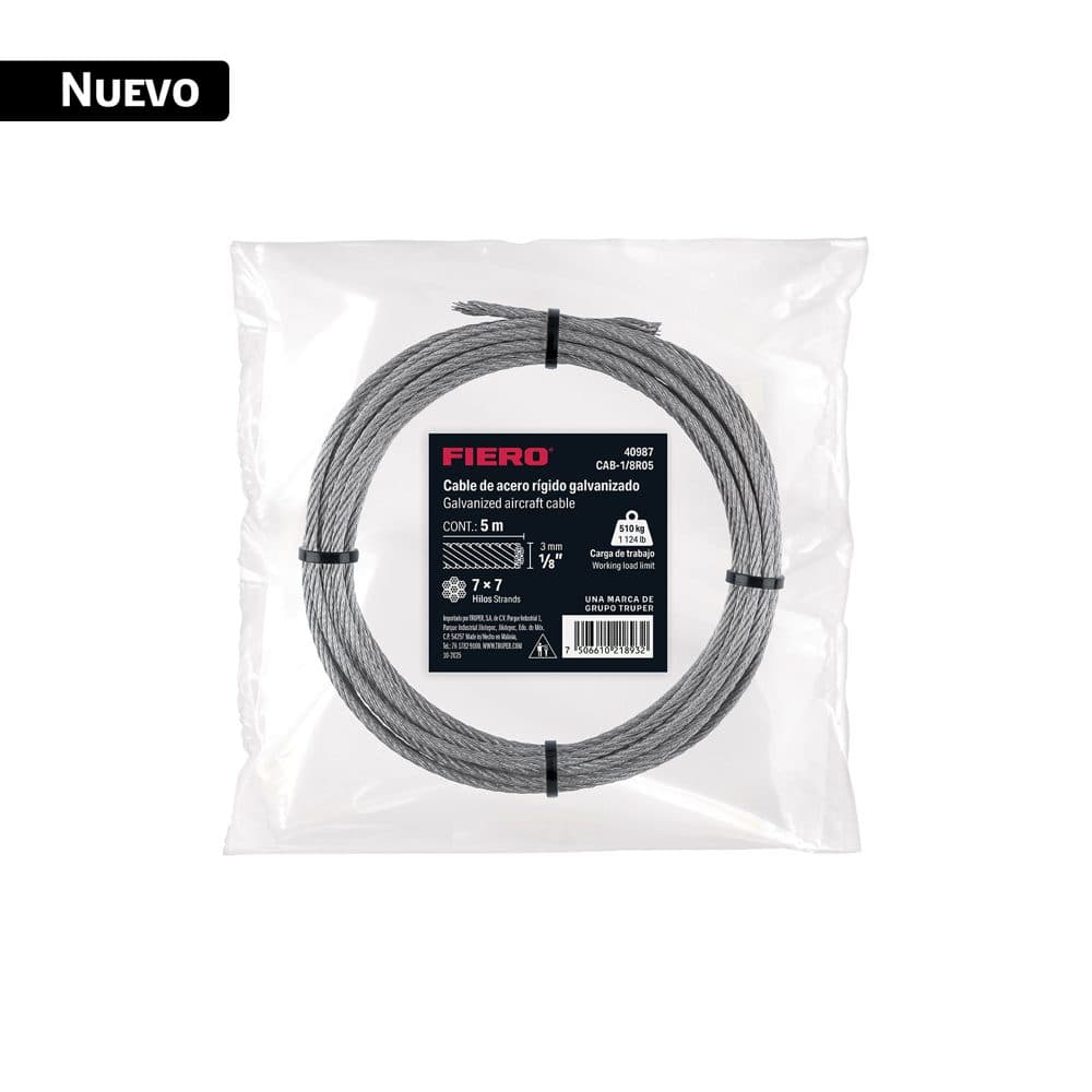Cable rígido 1/8" x 5 m, acero galvanizado, FIERO