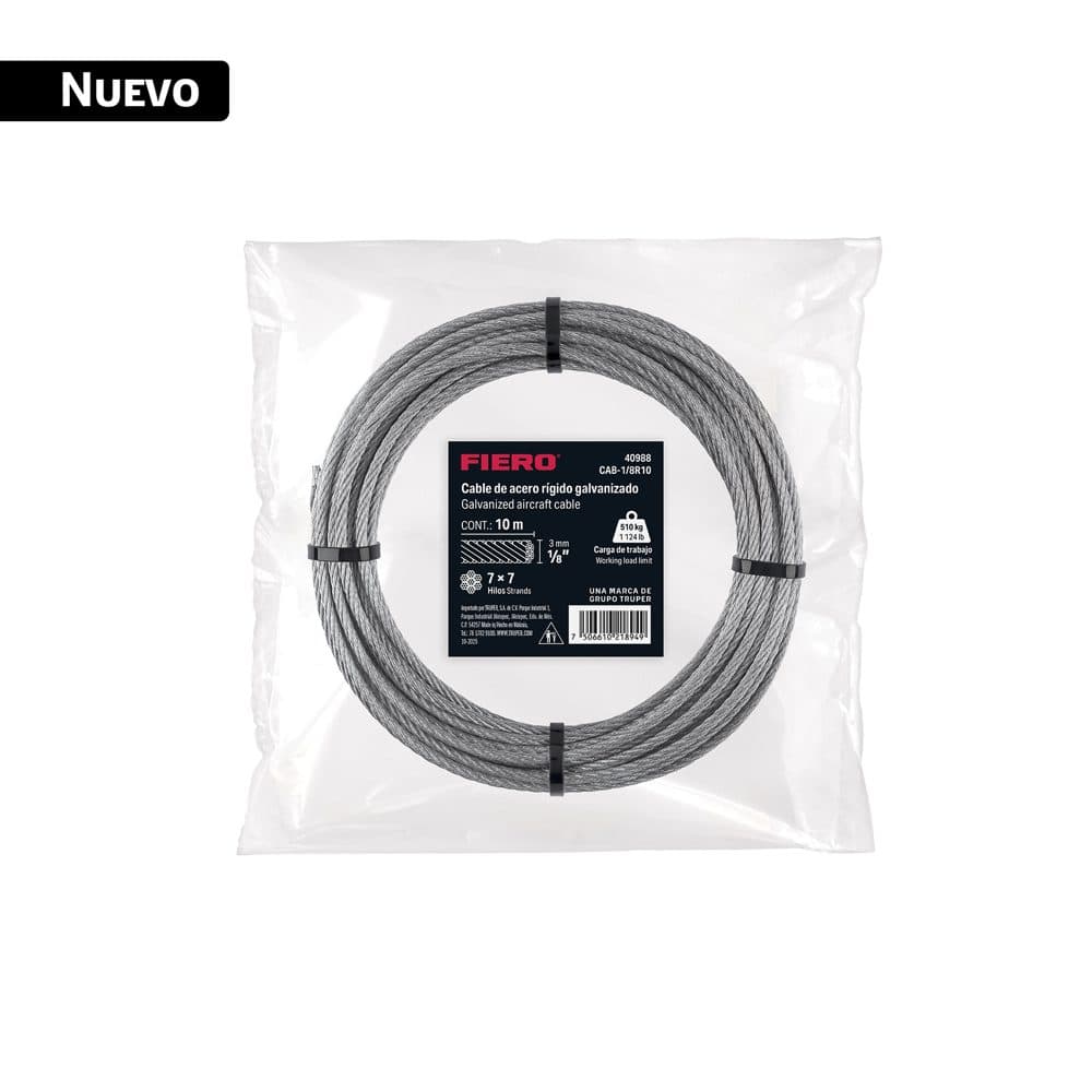 Cable rígido 1/8" x 10 m, acero galvanizado, FIERO