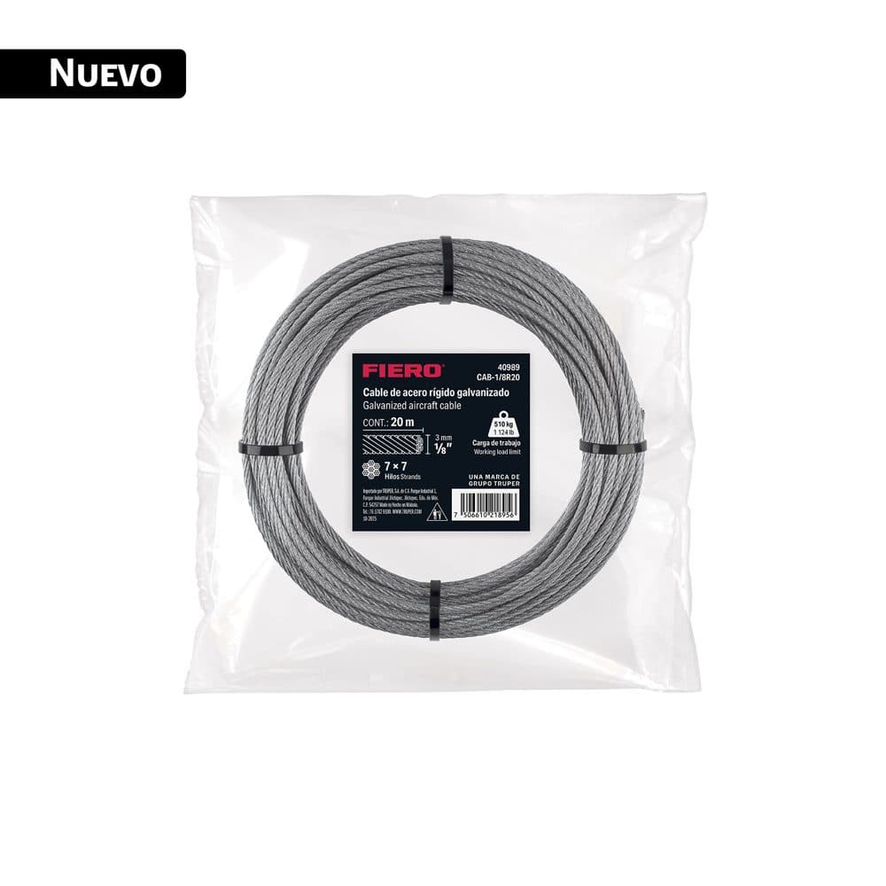 Cable rígido 1/8" x 20 m, acero galvanizado, FIERO