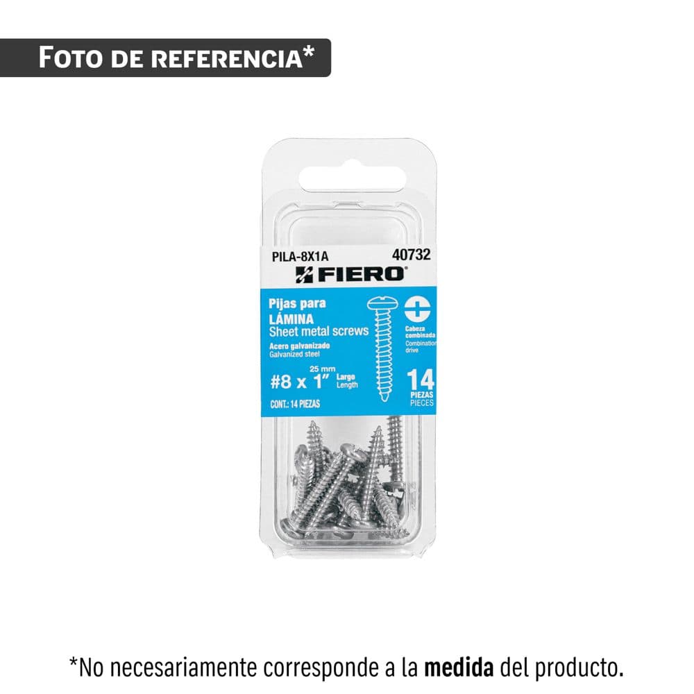 Blíster con 8 pijas para lámina, #8 x 2", FIERO