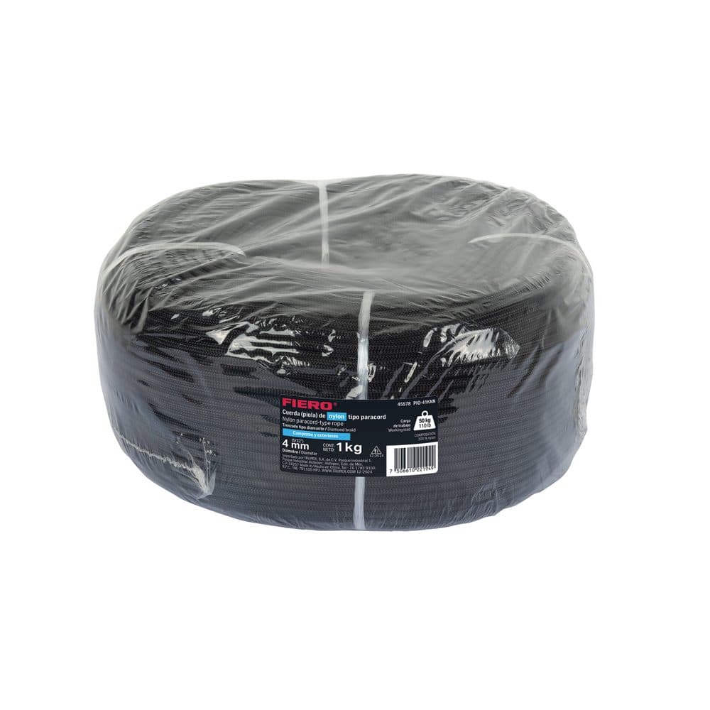 Piola de nylon paracord de 4mm, rollo, negro, 1kg, FIERO, foto 1 de 4