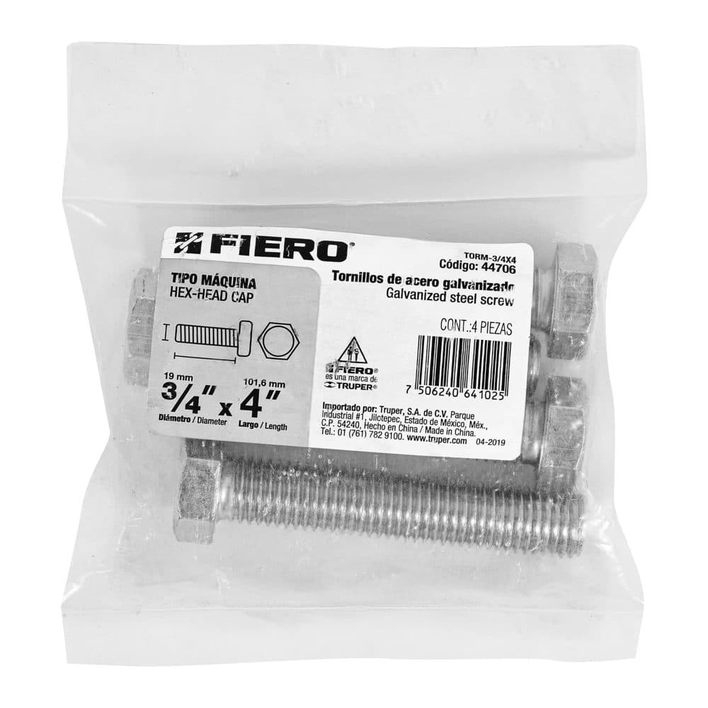 Bolsa con 4 tornillos 3/4" x 4" tipo máquina, FIERO, foto 1 de 4