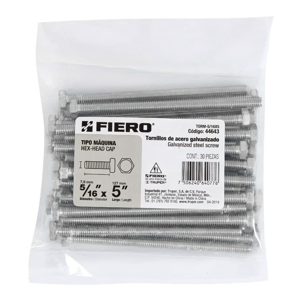 Bolsa con 30 tornillos 5/16" x 5" tipo máquina, FIERO, foto 1 de 4
