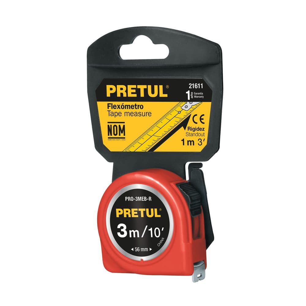 Truper Flexómetro rojo 3 m cinta 13 mm, en tarjeta, PRETUL