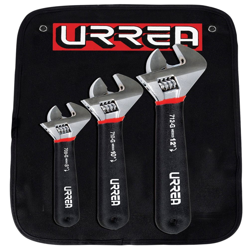 Urrea Juego de llaves ajustables cromadas con mango Rubber Grip, 3 piezas en estuche