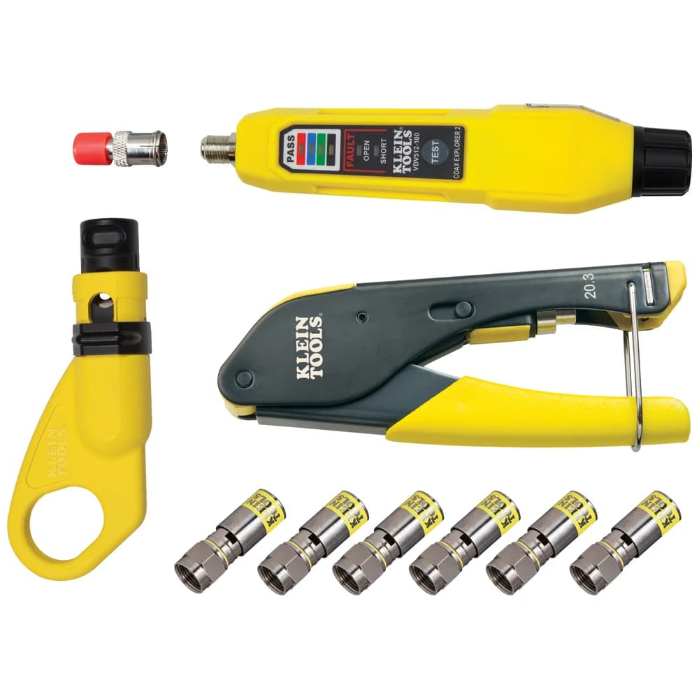 Kit de instalación cable coaxial/ Ponchadora/ Probador/Pelacables/Los conectores de compresión F (RG6/6Q) Klein Tools VDV002-818