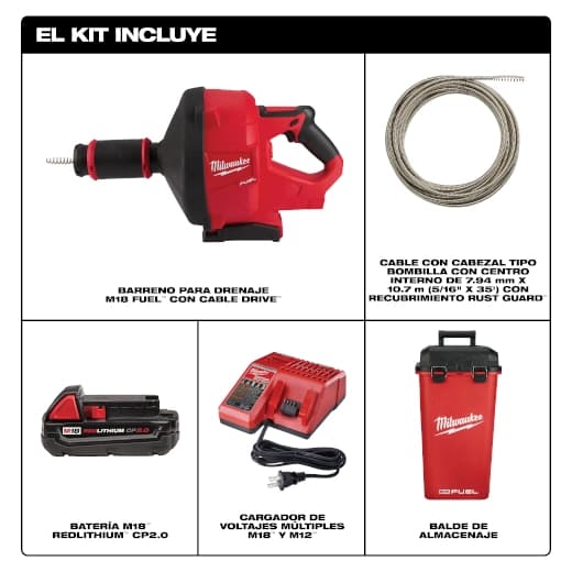Milwaukee Serpiente de drenaje M18 FUEL™ con CABLE DRIVE™ con sonda de 5/16"